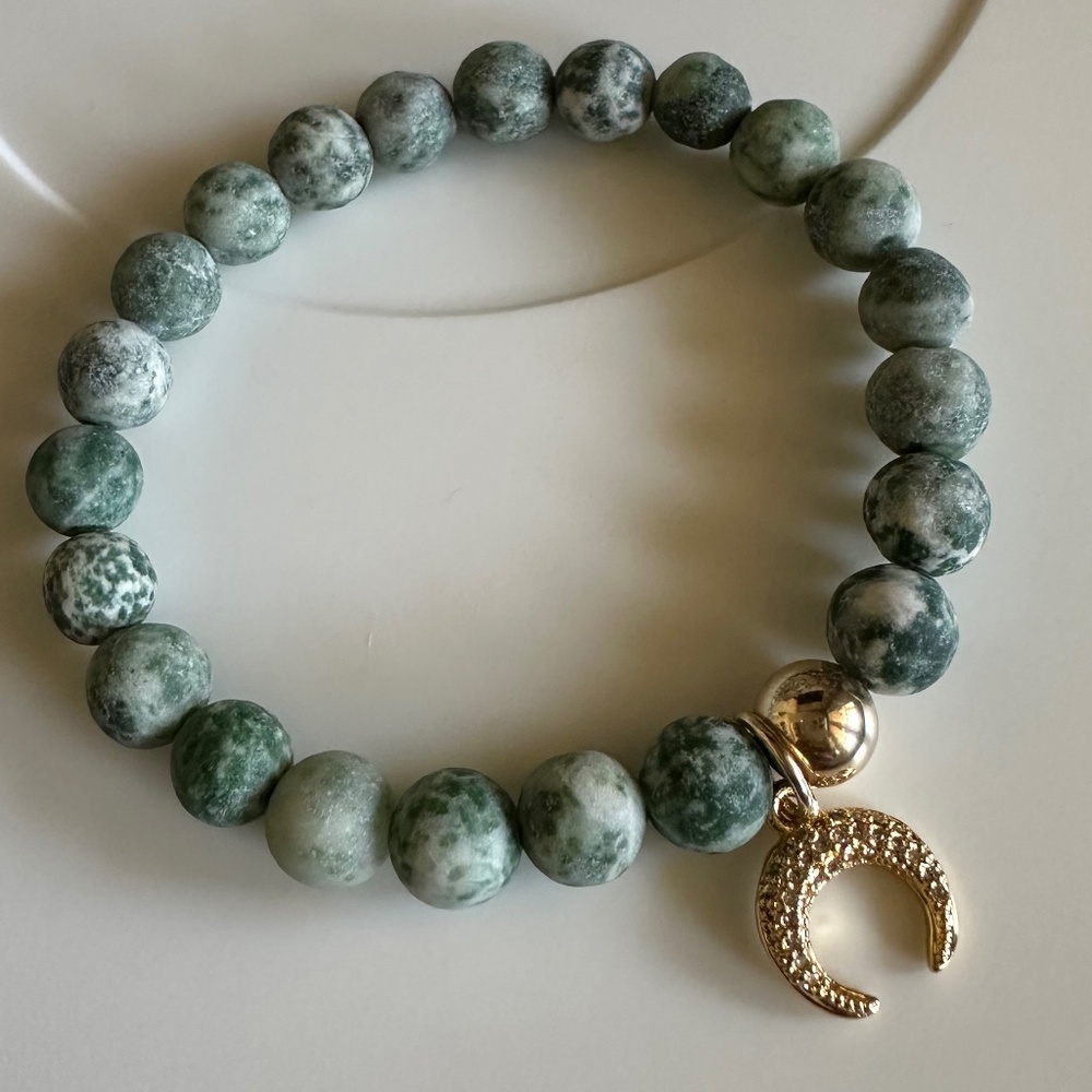 Moss Agate Bracelet | 8mm Matte Beads | 14K Gold Filled & Pavé Charm | Earthy - Picture 3 of 7